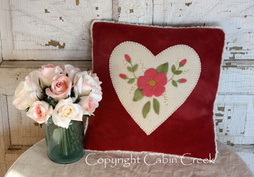 Heart Wool Applique Pillow PATTERN by cabincreek on Etsy