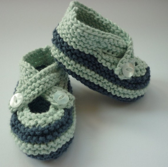 Hand knit organic baby shoes blue with navy stripe size 3 6