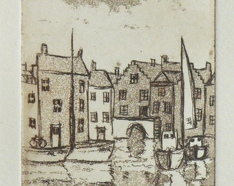 original etching of a harbor town