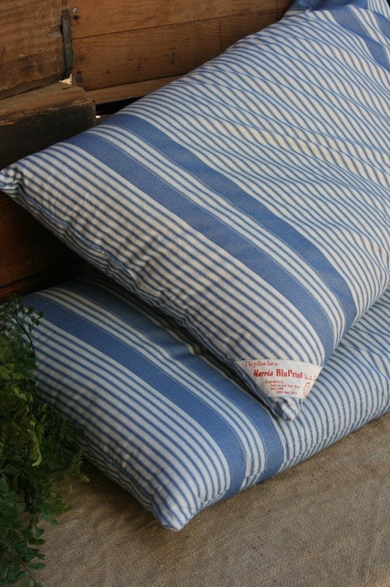 Set of 2 Blue and White Ticking Fabric Down Filled Pillows