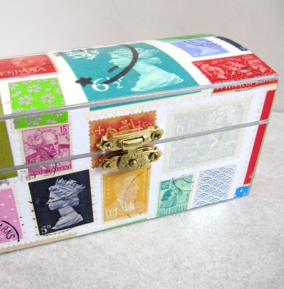 Stamp Collecting box jewelry trinket box wooden chest red