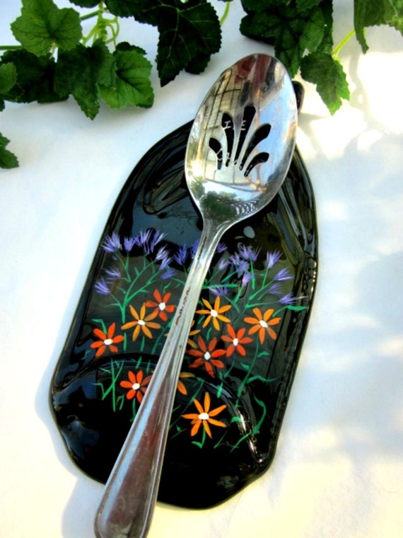 Recycled Glass Bottle Spoon Rest / Candle Holder Hand Painted