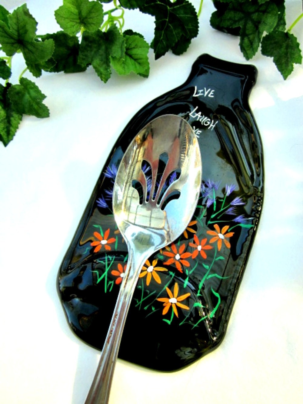 Recycled Glass Bottle Spoon Rest / Candle Holder Hand Painted