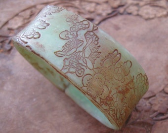 CIJ SALE Antique Jade Style Bracelet, Asian Floral Design, Handmade Bracelets by theshagbag on Etsy