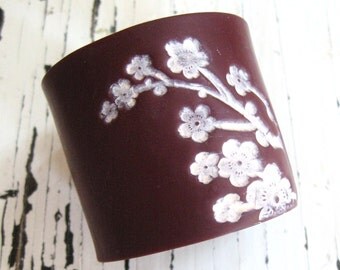 SALE Deep Crimson Cuff Bracelet Asian Pink Floral Blossoms, Jewelry by theshagbag