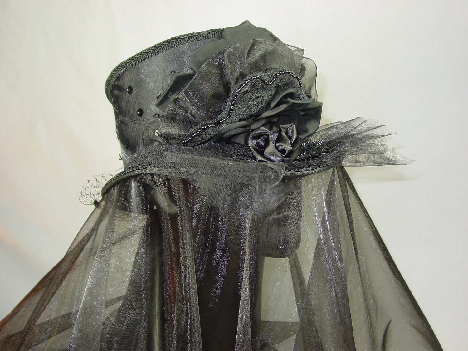 Edwardian Black Riding Hat with Mourning Veil