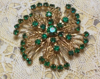 Vintage Brooch with Emerald Green Rhinestones