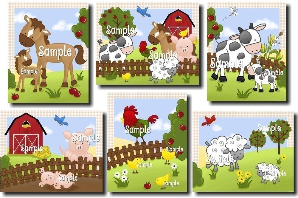 Set of 6 Farm Animal Baby Nursery Childrens Bedroom by ToadAndLily