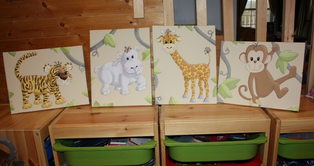 Set of 4 Jungle Animal Stretched Canvases Baby Nursery CANVAS