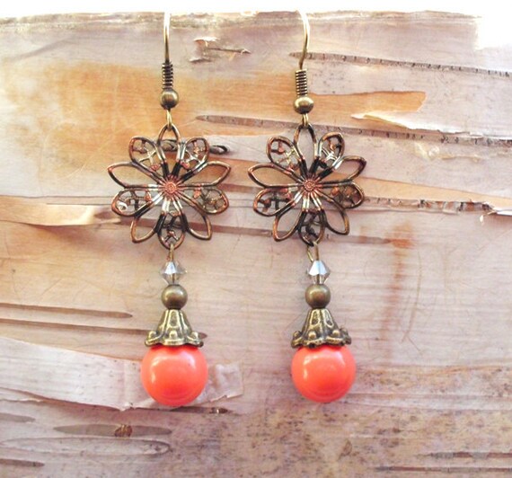 Vintage Styled Bronze & Orange Floral Earrings by PurpleFinchStore