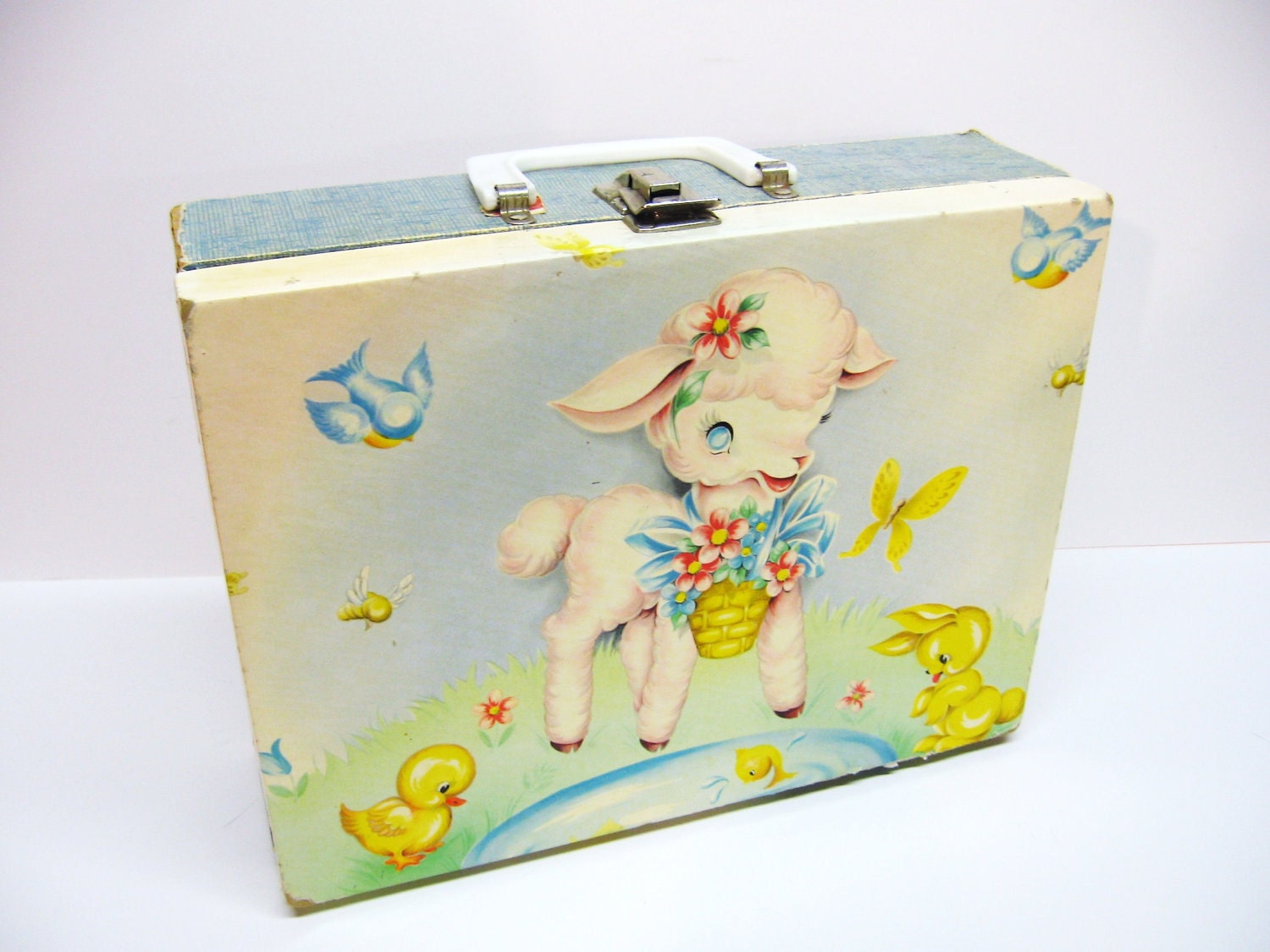 Adorable Vintage Child Suitcase Spring Lamb Motif Pastel