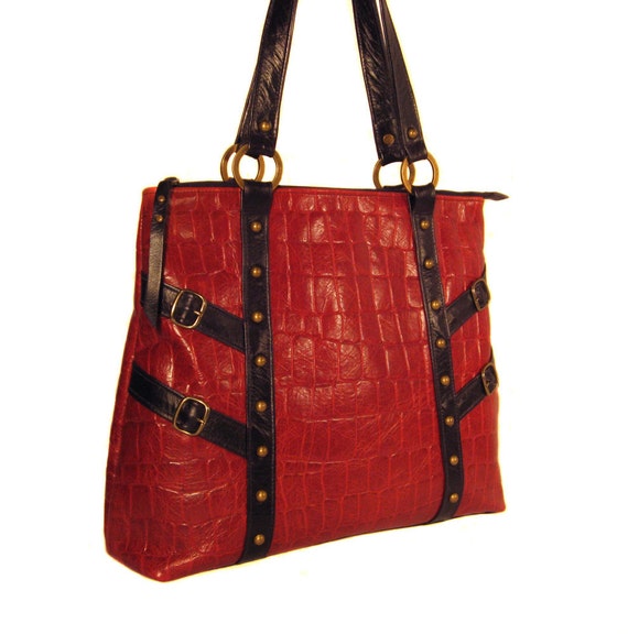 Large Leather Shoulder Bag - Red Croc Leather - Black Trim - CELESTE