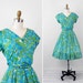 r e s e r v e d - vintage 1950s dress / 50s dress / Leslie Fay Blue and Green Novelty Print Cotton Dress with Matching Belt