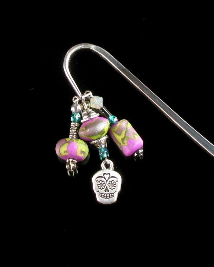 Polymer Clay Beaded Shepherd's Hook Bookmark Sugar Skull