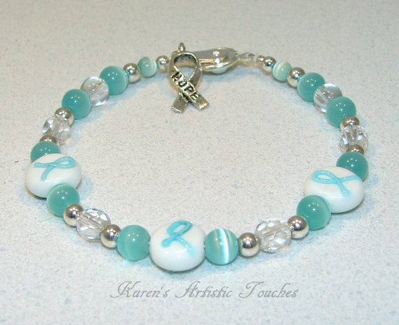 Teal Ribbon White Ovarian Cancer Awareness Beaded Bracelet 2 4966