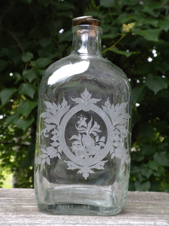 Vintage Etched Clear Glass Bottle 8 Tall Portugal