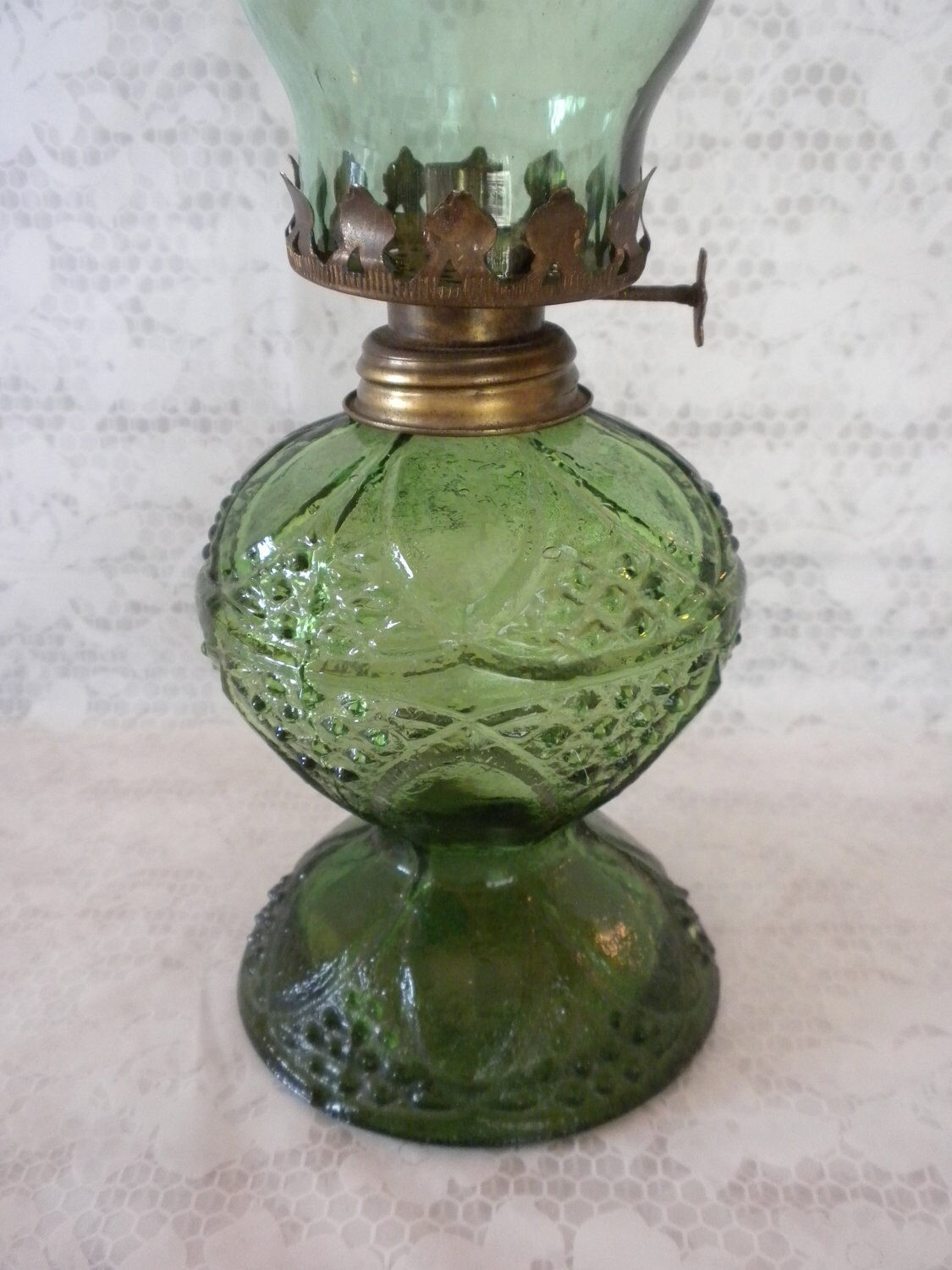 vintage oil lamp olive green textured glass original