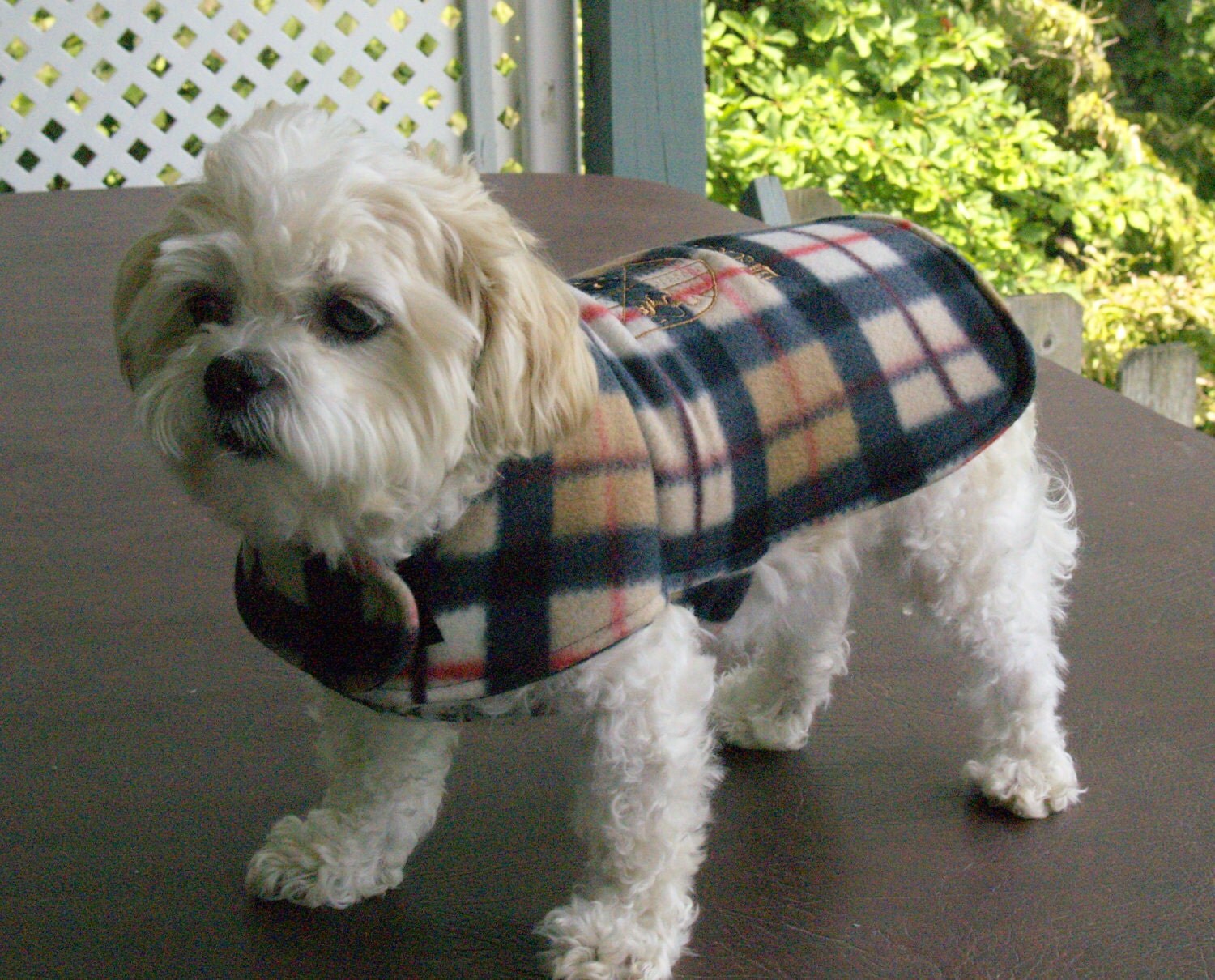 Dog Coat in Plaid Fleece with Embroidered Name and Crest Beige