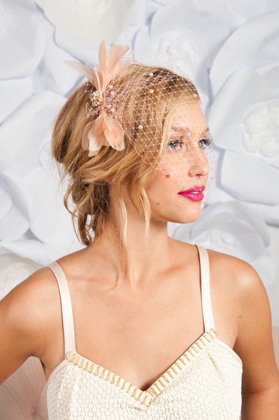 Feather blush pink bandeau veil Ready to ship