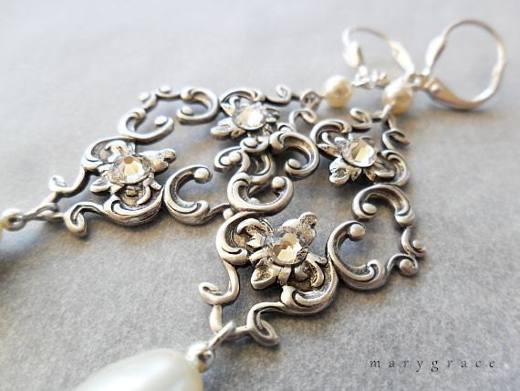 Antique Silver Nouveau Style Filigree and Cream Pearls Bridal