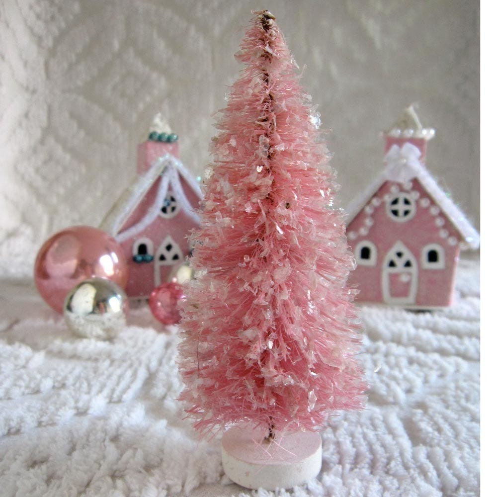 Vintage Style Christmas Pink Bottle Brush Tree Vintage Mica