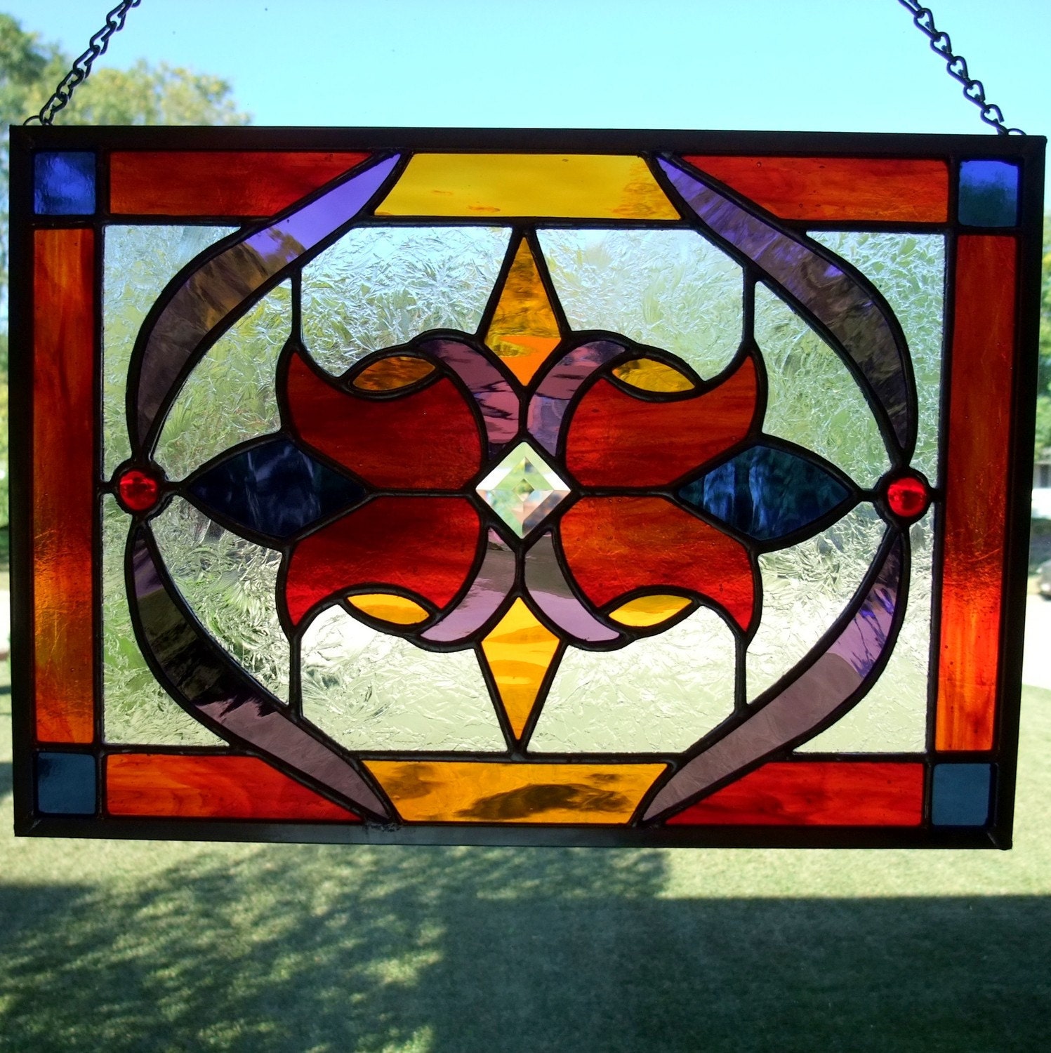 Red Blue Purple And Amber Stained Glass Panel 