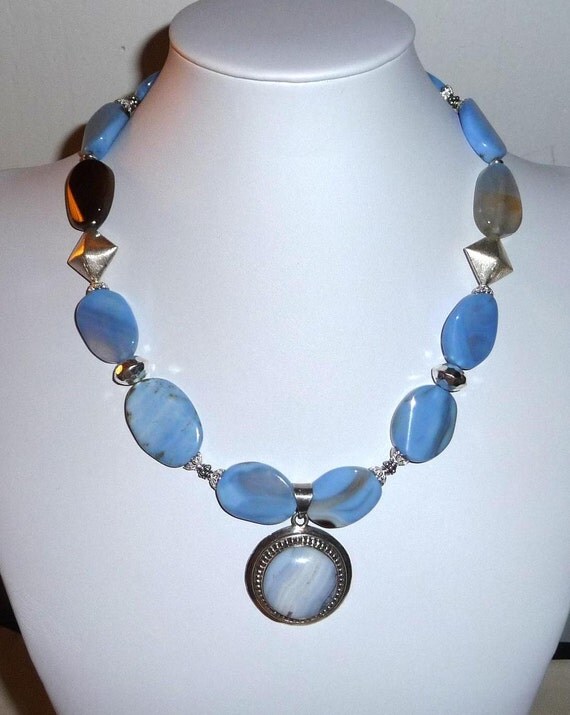 Items similar to Blue Agate and Sterling Silver Necklace with Pendant ...