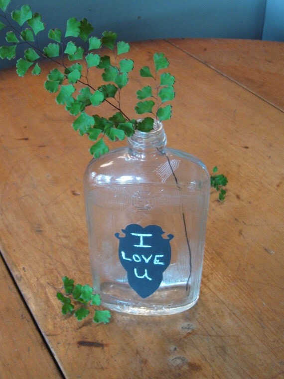 Decorative chalkboard on Vintage glass bottle vase for