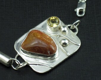 Sterling Silver Bracelet Viking Knit Bracelet River Rock and Citrine Bracelet