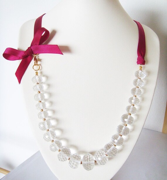 Wine Tasting Necklace Clear Crystal Grosgrain Ribbon