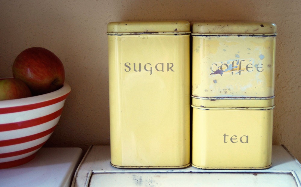 vintage canister set coffee/tea/sugar yellow stackable tins