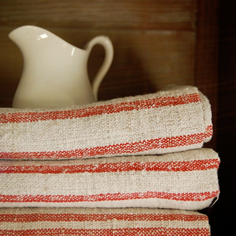 Antique Grain Sack Linen With Red Stripes From Europe Great 4967