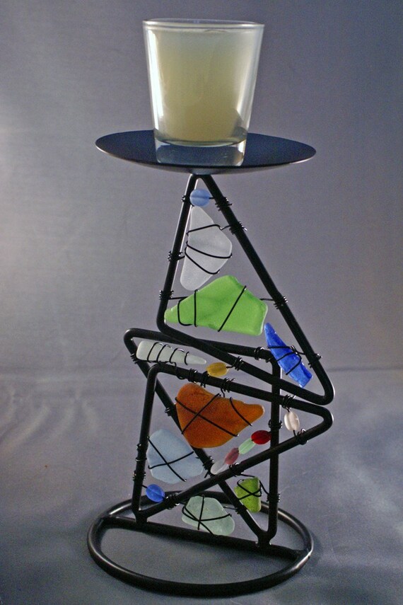 Colorful Sea Glass Votive Candle or Tea Light Holder