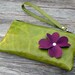 Leather Wristlet Wallet with detachable strap - Purple Floral on Distressed Kiwi