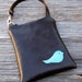 LAST ONE - Leather iPhone or Gadget Case Wristlet - Blue Bird on Dark Chocolate