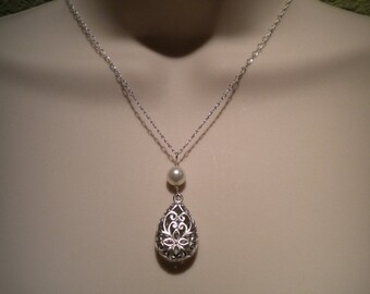 Bridal Pearl necklace, Filigree Teardrop necklace, Bridal jewelry, Sterling silver - Roxanne