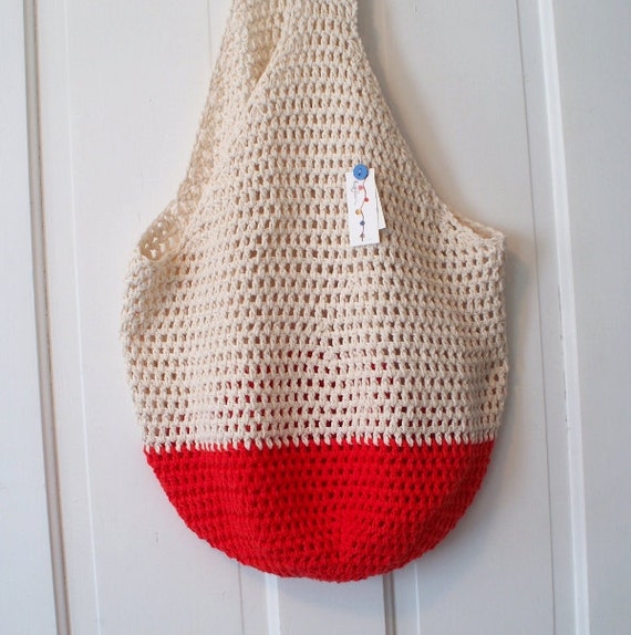 Crochet Beach Bag in Sand and Red Oversize Crochet Cotton Tote Bag