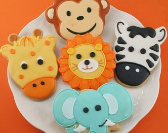 Animal Cookies (Monkey, Elephant, Giraffe, Lion, Zebra) Safari Jungle Party - 24 Decorated Sugar Cookie Favors