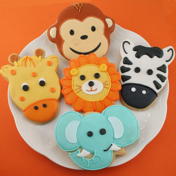 Animal Cookies (Monkey, Elephant, Giraffe, Lion, Zebra) Safari Jungle Party - 24 Decorated Sugar Cookie Favors Il_570xn