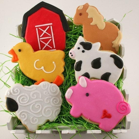 Farm Animal Cookies, Cow, Pig, Sheep, Duck, Horse, Barn - 24 Decorated Sugar Cookie Favors