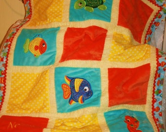Fish Appliqued Minky Baby Blanket "Adorable Sea Creatures"