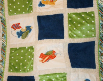 Airplanes Minky Baby Blanket , Appliqued " Up, Up And Away"