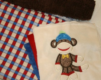 Baby Quilt Kit Minky Appliqued "Sooo Lovable Sock Monkey"