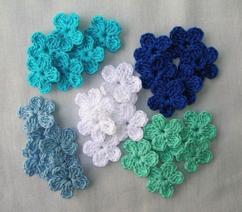 30 handmade Crocheted flowers in blue