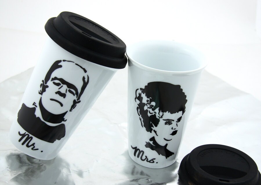 Mr and Mrs Travel Mug Set with Bride of Frankenstein and