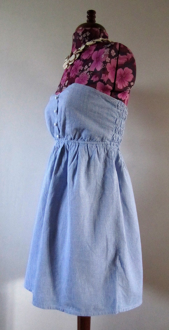 Short Vintage Strapless Blue Gingham Dress