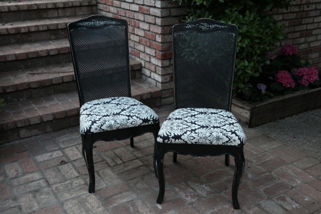 Vintage French Cane Back Square Upholstered Side Chair