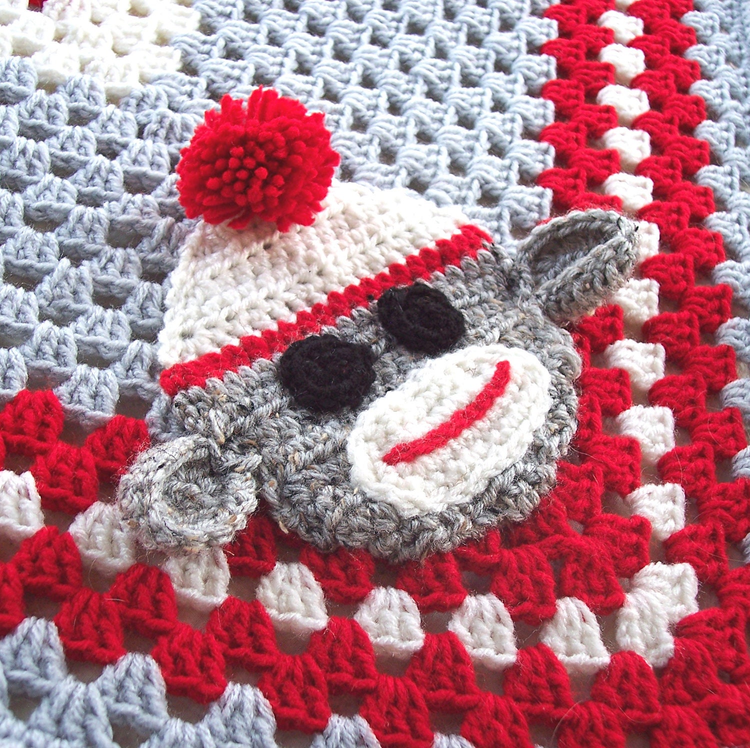 Sock Monkey Granny Square Blanket Red and Gray by puddintoes