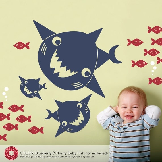 Kids Happy Shark Family Wall Decal: Ocean Nursery Sea Life