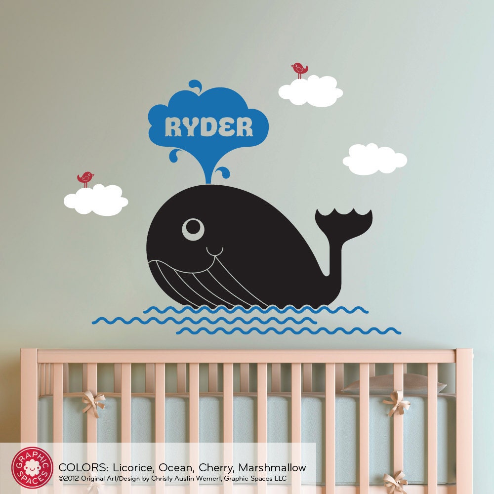 Happy Whale Nursery Wall Decal Baby Personalized Name